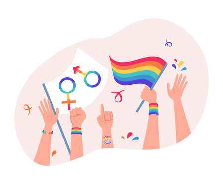 Lesbian, gay, bisexual, transgender, and queer people pride parade vector flat illustration.のイラスト素材