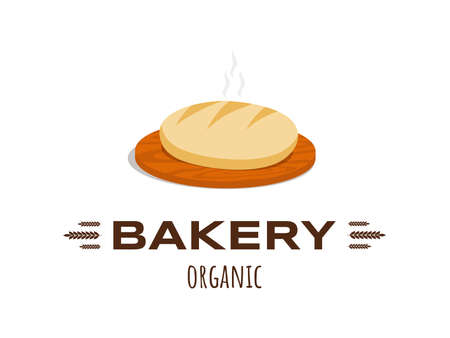 Bakery organic design with text. Fresh tasty bread vector flat illustration isolated on white background.のイラスト素材