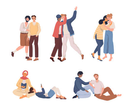 Collection of LGBT couples. Male and female transgender partners, gay and lesbian characters vector flat illustration.のイラスト素材