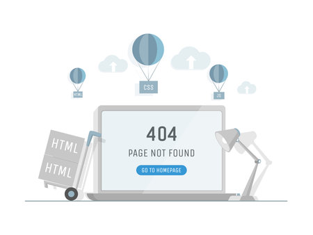Laptop screen with 404 error page vector flat illustration. Problems with internet connection or...