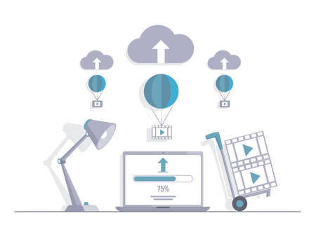 Video loading on laptop vector flat illustration. Computer screen with load screen, cloud storage signs.のイラスト素材