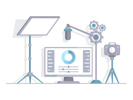 Recording studio vector flat illustration. Light screen, video camera for making audio or video content, streaming.のイラスト素材