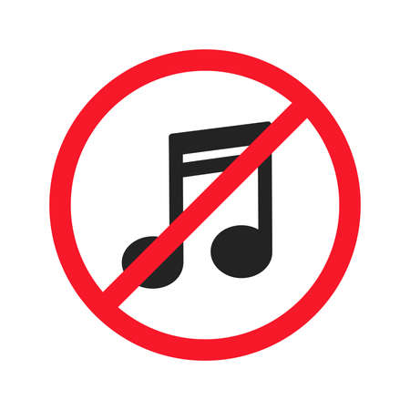 Music is prohibited vector flat illustration isolated on white background. Musical note icon in crossed out red circle.のイラスト素材