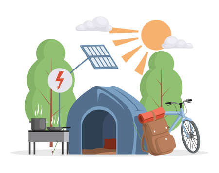 Summer camping scene vector flat illustration. Camping tent, bicycle, traveler bag pack and grilled dishes.のイラスト素材
