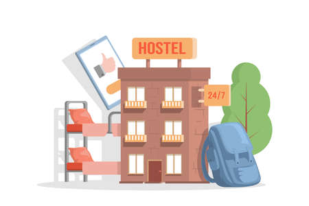 Modern exterior of hostel for tourists and travelers vector flat illustration. Cheap place to stay for vacation.のイラスト素材