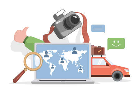 Planning summer vacation with car vector flat illustration. Organizing touristic journey on rent automobile.のイラスト素材