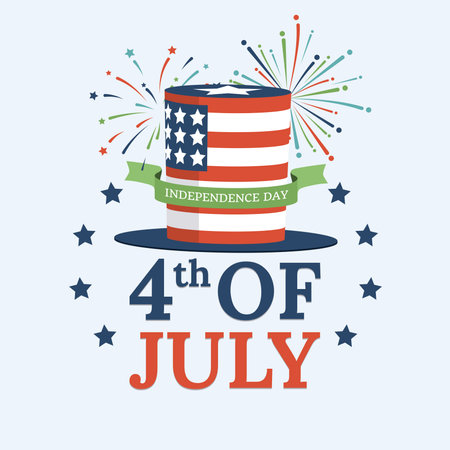 Independence Day of United States of America celebrating poster design with USA flag, fireworks, stars and hat.のイラスト素材