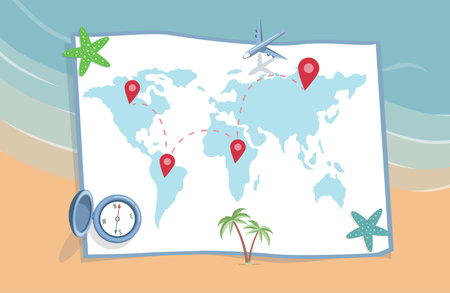 Planning summer vacation, journey vector flat illustration. World map with location points and travel items.のイラスト素材