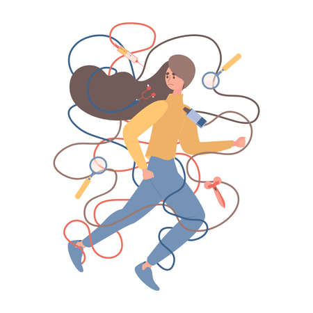 Handsome woman trying to avoid beauty procedures vector flat illustration. Body positive and self care concept.のイラスト素材