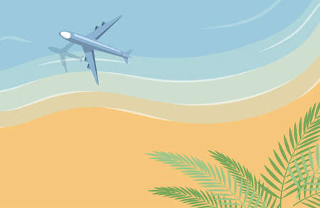 Top view of sunny summer beach, the sea and flying plane. Vector flat banner template for summer vacation.のイラスト素材