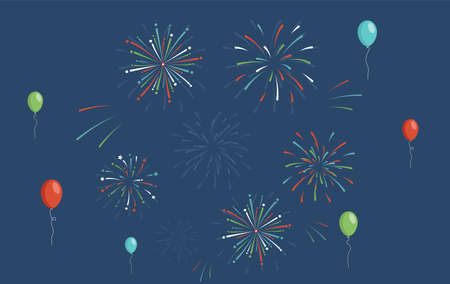 Colorful fireworks and air balloons for holiday, new year, birthday party, Independence Day vector flat illustration.のイラスト素材