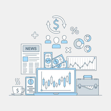 Stocks and financial success vector cartoon outline concept. Online trading application design.のイラスト素材