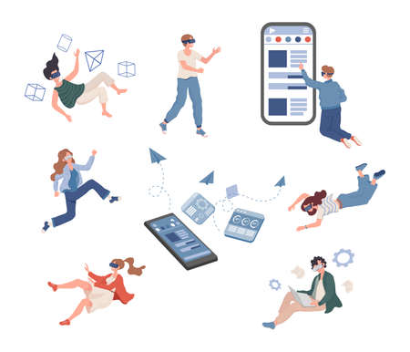 Group of people spending time in virtual reality vector flat illustration. Modern entertainment concept.のイラスト素材