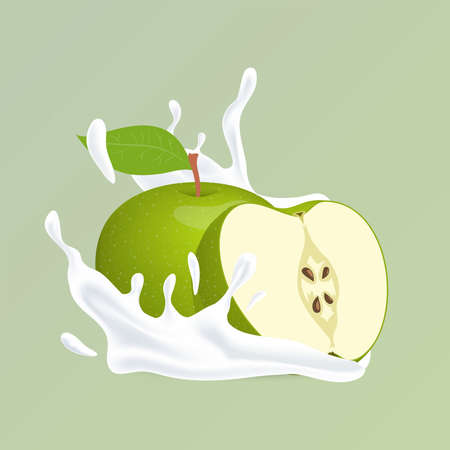 Apple and splash of white liquid cartoon illustration. Yogurt, organic skincare cosmetics based on fruits.のイラスト素材