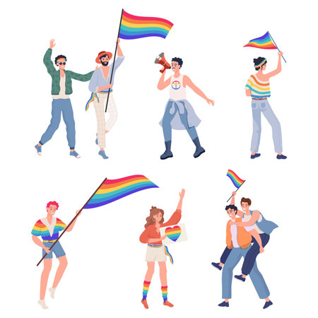 LGBTQ pride vector flat illustration. Lesbian, gay, bisexual, transgender male and female characters.のイラスト素材