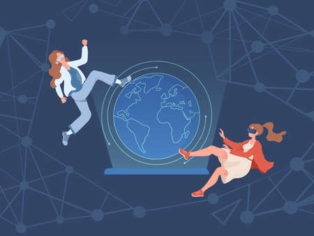 Two young women flying around the Earth in virtual glasses vector flat illustration. Modern technologies concept.のイラスト素材