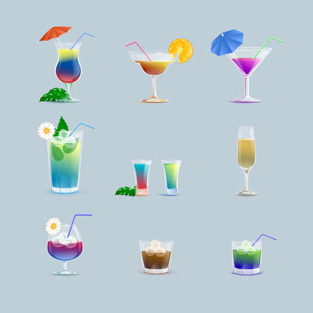Set of colorful tasty summer cocktails in bar or restaurant glassware vector cartoon illustration.のイラスト素材