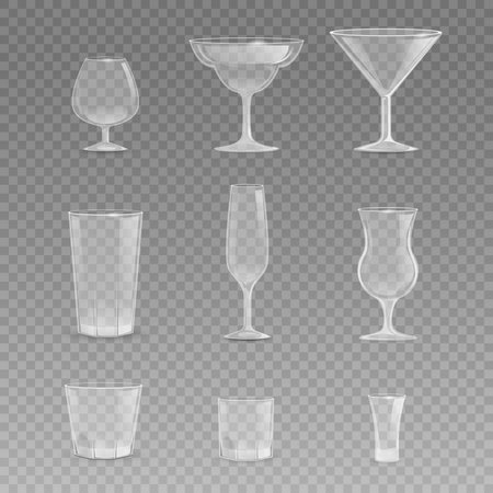 Set of glasses for different drinks vector realistic illustration. Cups, for beer, wine, cognac, and other alcoholic drinks.のイラスト素材