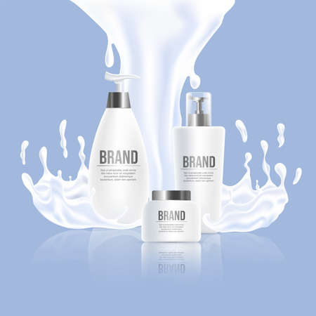 Three white plastic bottles with brand name and white splash vector realistic illustration. Cosmetic products.のイラスト素材
