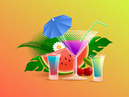 Summer colorful cocktails with straw and cocktail umbrellas vector cartoon illustration. Refreshment alcoholic drinks.のイラスト素材