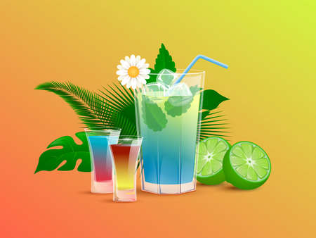 Refreshment alcoholic drinks with lime, ice cubes, straws, and tropical leaves. Alcohol cocktails in bar or restaurant.のイラスト素材