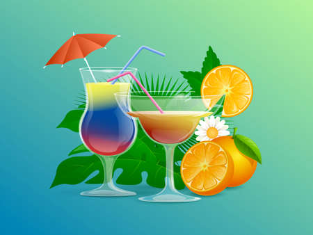 Cocktails decorated with straws, cocktail umbrellas, flowers, and sliced oranges vector cartoon illustration.のイラスト素材