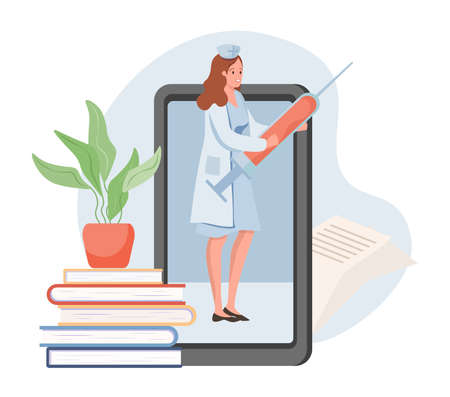 Online consultation about vaccine, remote teaching of medicine vector flat illustration.のイラスト素材