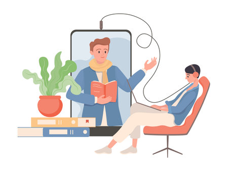 Woman sitting in comfortable armchair with headphones and listening podcast or audiobook vector flat illustration.のイラスト素材
