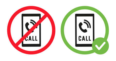 Smartphone call icons in crossed out red and green circle. Speaking phone prohibition and speaking allowed vector flat illustration.のイラスト素材