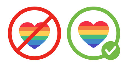 Prohibited and  love is allowed vector flat illustrations. Rainbow hearts in crossed out red circle and green circle.のイラスト素材
