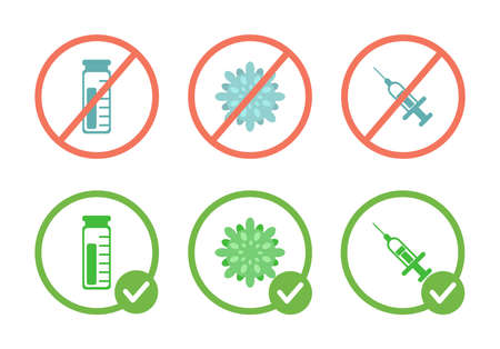 No vaccine, viruses, and syringes prohibition sign, and vaccination allowed symbols vector flat illustration.のイラスト素材