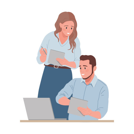 Man and woman working together vector flat illustration isolated on white background. Managers do their work.のイラスト素材