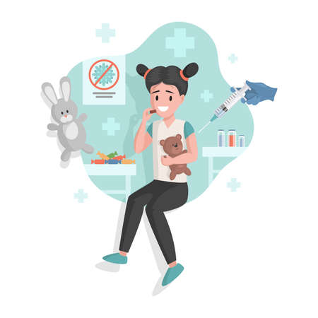 Vaccination of girl against different diseases vector flat cartoon illustration. Immunity health against illness.のイラスト素材