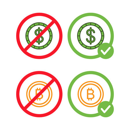 Bitcoin and dollar signs in crossed out red circles and in green circles vector flat illustrations.のイラスト素材