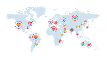 World map covered by rainbow hearts vector flat illustration. pacifism, peace, and love.のイラスト素材