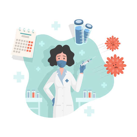 Doctor or nurse holding syringe with vaccine against Coronavirus Covid-19 vector flat illustration.のイラスト素材