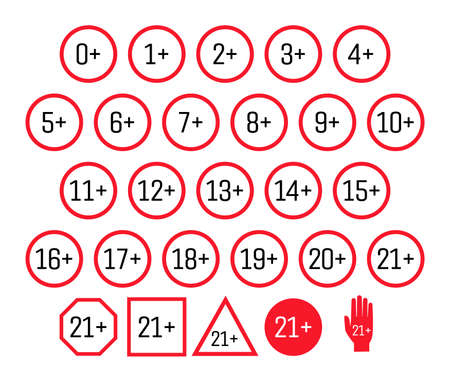 Adult content icons set. Age restrictions signs vector flat illustrations isolated on white background.のイラスト素材