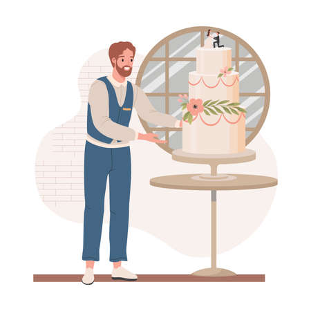 Wedding manager in formal dress checking wedding cake vector flat illustration. Preparation for wedding ceremony.のイラスト素材
