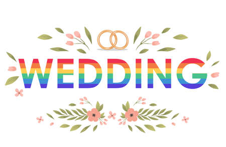 Rainbow wedding word vector flat banner template decorated with marriage rings, leaves, and pink flowers.のイラスト素材