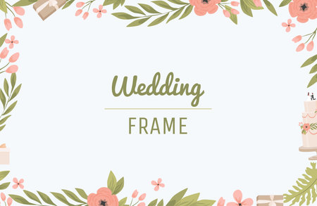 Wedding frame flat design. Rectangular border with text space in center. Leaves and flowers vector frames.のイラスト素材