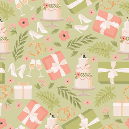 Wedding vector flat seamless pattern. Bride white shoes, gift boxes, wedding cake, rings, champagne glasses.のイラスト素材