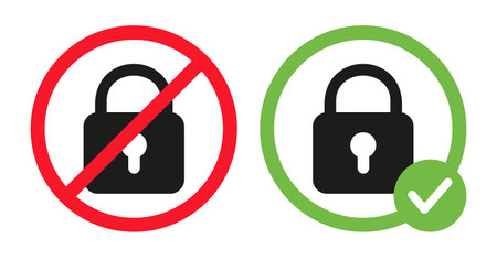 Lock sign in crossed out red circle and padlock in green circle. Protection icons, padlock vector flat illustration.のイラスト素材