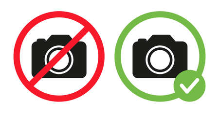 No photography prohibition sign and photos allowed vector flat illustration.のイラスト素材