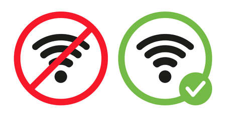 Allowed and forbidden wifi signs vector flat illustration. Wireless network symbols. Good or bad connection.のイラスト素材