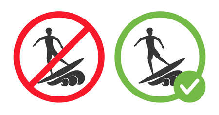 Allowed and forbidden surfing signs vector flat illustration isolated on white background. Surf permit concept.のイラスト素材