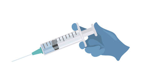 Hand in medical gloves holding syringe with blue vaccine against dangerous illness, viruses vector flat illustration.のイラスト素材