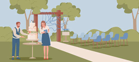 Wedding planners preparing outdoor scene for wedding ceremony vector flat illustration.のイラスト素材