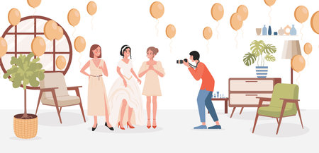 Bride photosession vector flat illustration. Bride in wedding dress with bridesmaids posing for photographer.のイラスト素材
