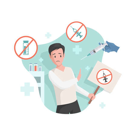 Frightened man afraid of vaccination vector flat illustration. Immunity health, anti vaccination agent concept.のイラスト素材