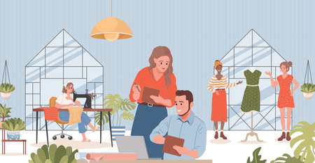 People working in sewing atelier vector flat illustration. Managers, tailors, dressmakers making dresses.のイラスト素材